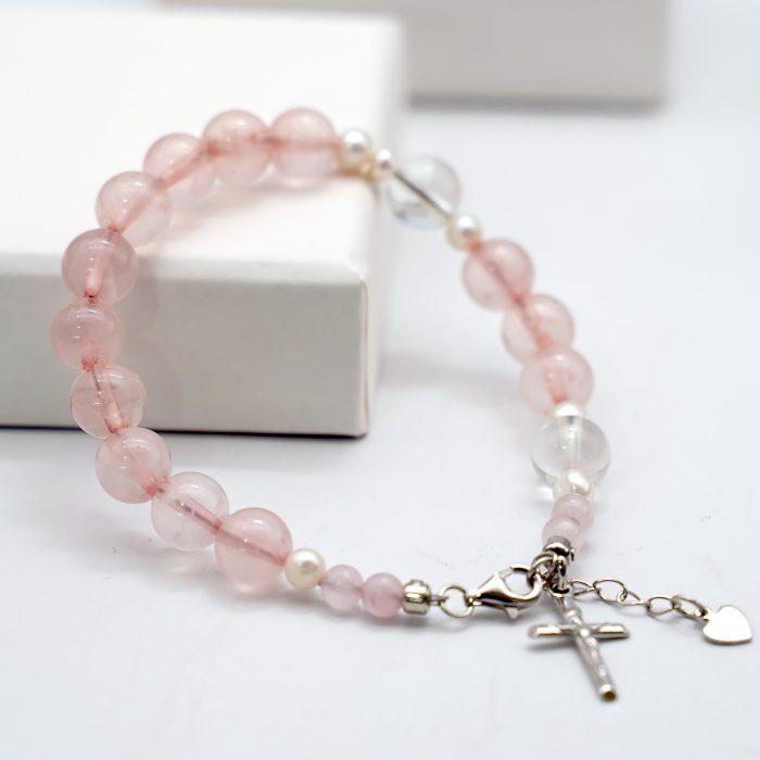 粉水晶珍珠-925银十字架-龙虾扣-8mm Catholic religious art