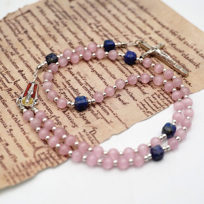 玫瑰念珠-粉猫眼配青金石-6mm-情侣款 Catholic religious art