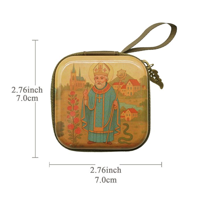 Rosary Case - St. Patrick (Bishop) - Metal - Zipper - 7x7x3.3cm Catholic religious art