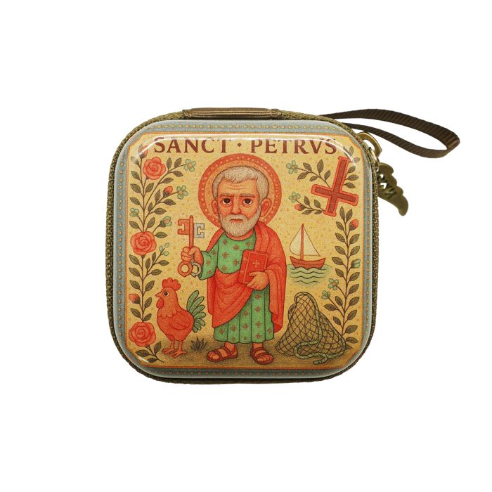 Rosary Case - St. Peter - Metal - Zipper - 7x7x3.3cm Catholic religious art