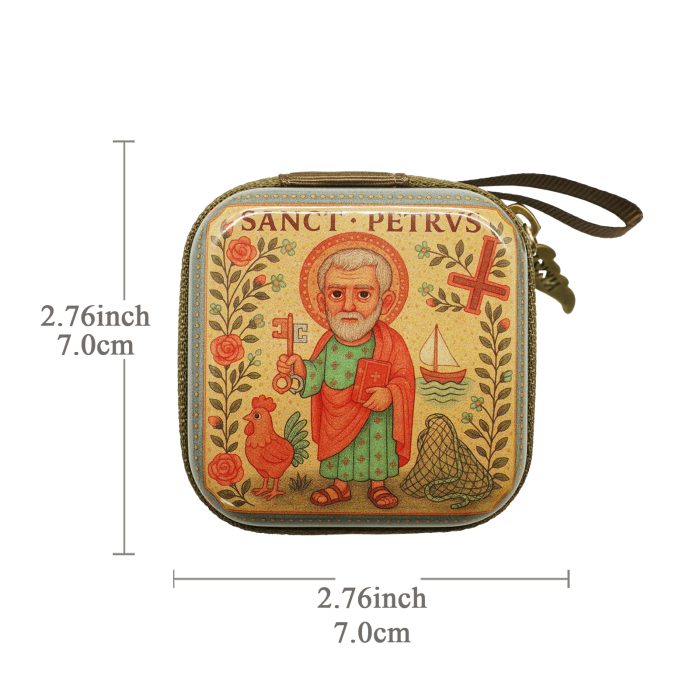 Rosary Case - St. Peter - Metal - Zipper - 7x7x3.3cm Catholic religious art