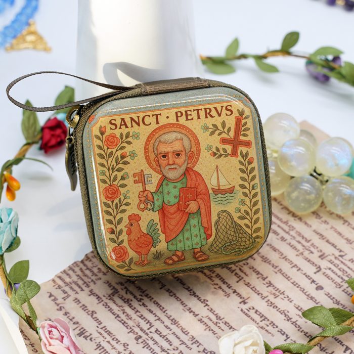 Rosary Case - St. Peter - Metal - Zipper - 7x7x3.3cm Catholic religious art