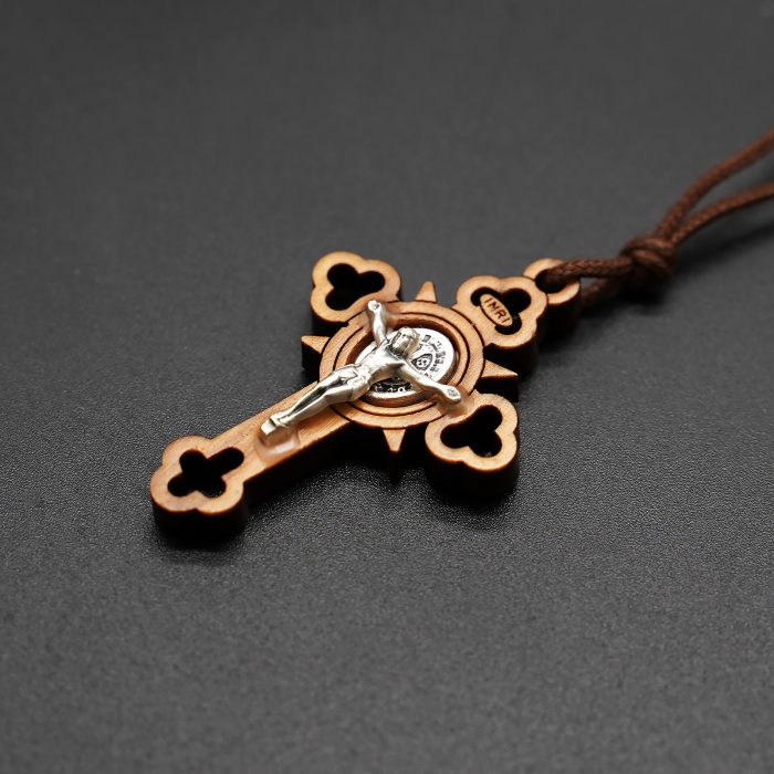 十字架-圣本笃-橄榄木-穿孔设计-椭圆圣牌-带挂绳-4.2x2.8cm Catholic religious art