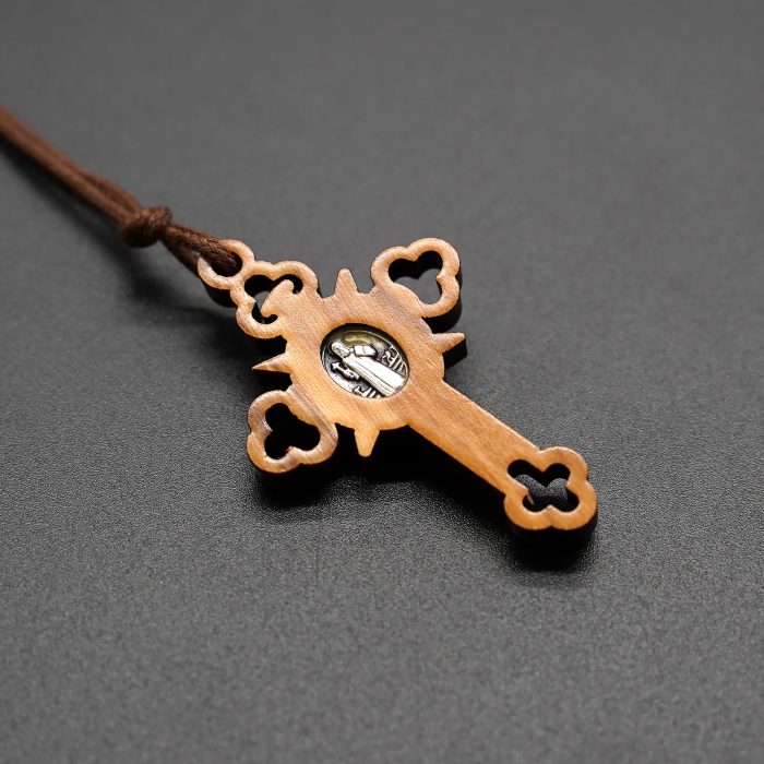 十字架-圣本笃-橄榄木-穿孔设计-椭圆圣牌-带挂绳-4.2x2.8cm Catholic religious art