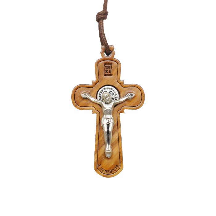 十字架-圣本笃-橄榄木-合金圣尸带绳-4.9x3cm Catholic religious art
