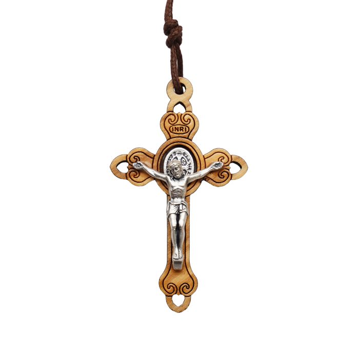 十字架-圣本笃-橄榄木-合金圣尸带绳-5.3x3.3cm Catholic religious art