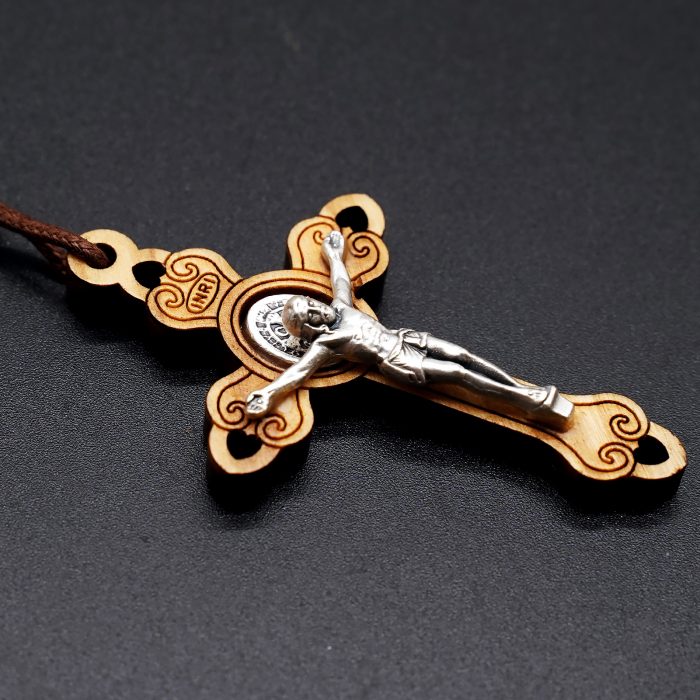 十字架-圣本笃-橄榄木-合金圣尸带绳-5.3x3.3cm Catholic religious art