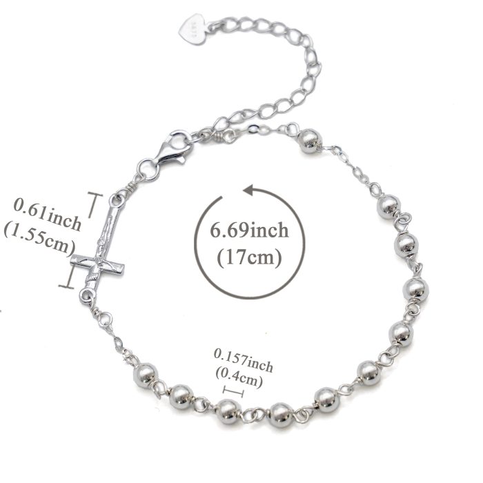 手链-十字架配饰-S925-可延长链-圆珠4mm Catholic religious art