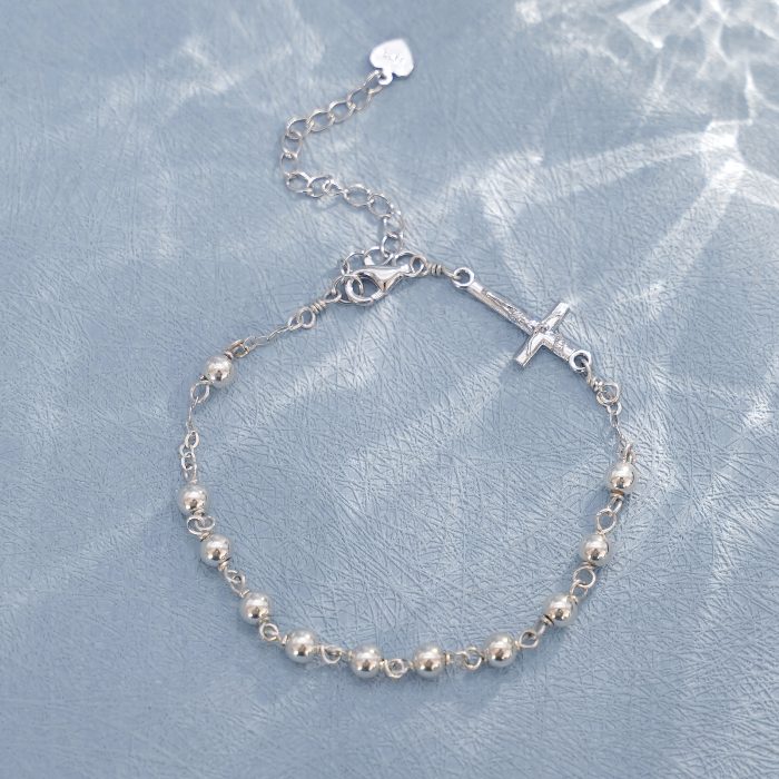 手链-十字架配饰-S925-可延长链-圆珠4mm Catholic religious art