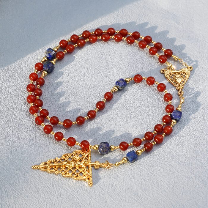 玫瑰念珠-红玛瑙-青金石-复古风格-镀金配件-6mm-送抽绳粉色念珠包 Catholic religious art