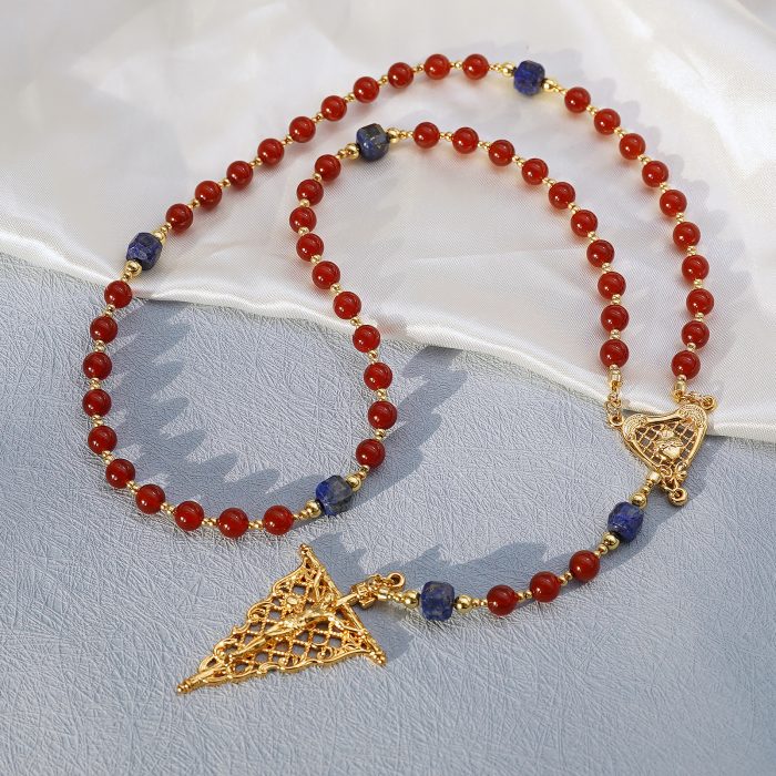 玫瑰念珠-红玛瑙-青金石-复古风格-镀金配件-6mm-送抽绳粉色念珠包 Catholic religious art