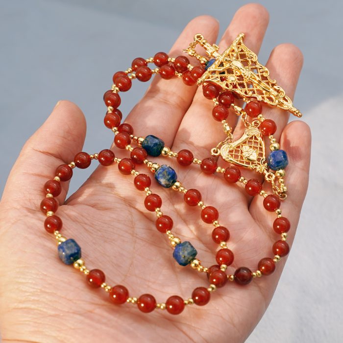 玫瑰念珠-红玛瑙-青金石-复古风格-镀金配件-6mm-送抽绳粉色念珠包 Catholic religious art