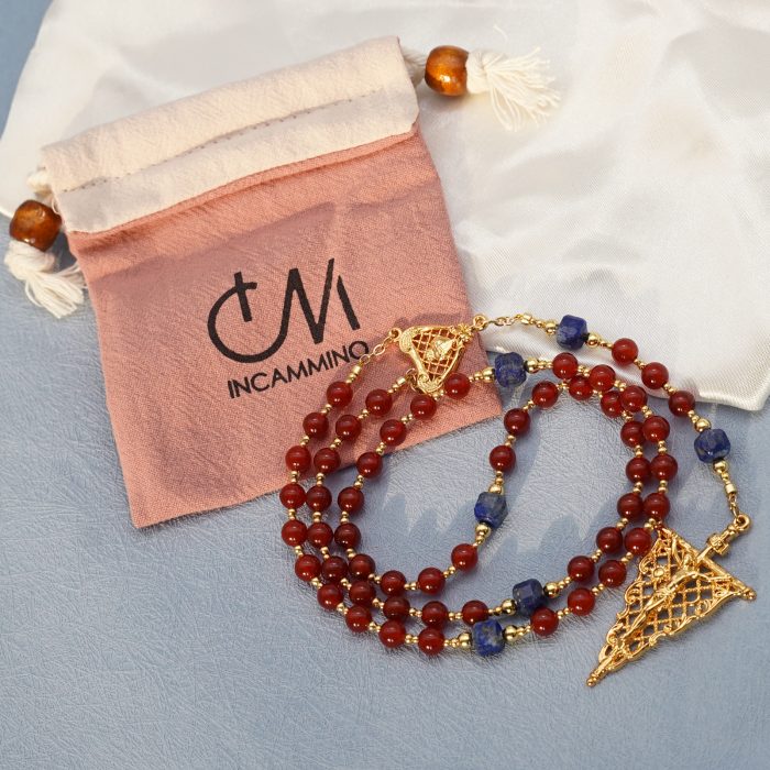 玫瑰念珠-红玛瑙-青金石-复古风格-镀金配件-6mm-送抽绳粉色念珠包 Catholic religious art