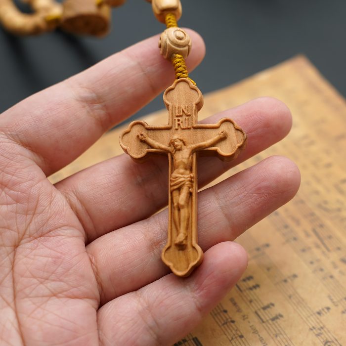 玫瑰念珠-橄榄木桶珠-绳编原创-简约纹-花纹珠-8mm Catholic religious art