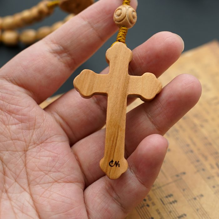 玫瑰念珠-橄榄木桶珠-绳编原创-简约纹-花纹珠-8mm Catholic religious art