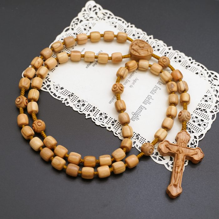 玫瑰念珠-橄榄木桶珠-绳编原创-简约纹-花纹珠-8mm Catholic religious art