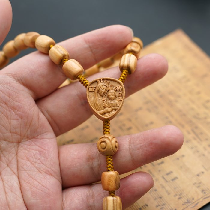 玫瑰念珠-橄榄木桶珠-绳编原创-简约纹-花纹珠-8mm Catholic religious art