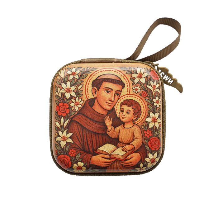 Metal Rosary Case - St. Anthony of Padua - Metal - Zipper -7x7x3.3cm Catholic religious art