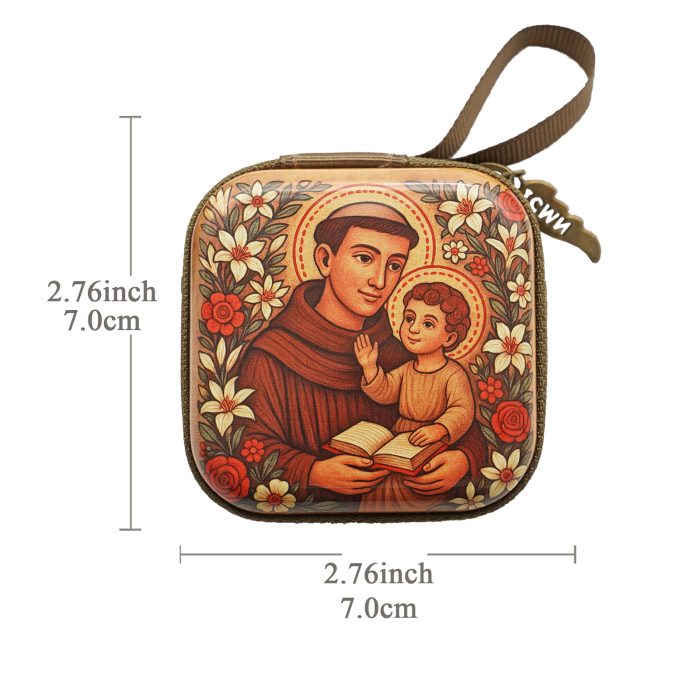 Metal Rosary Case - St. Anthony of Padua - Metal - Zipper -7x7x3.3cm Catholic religious art
