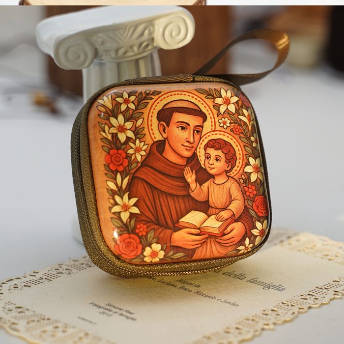 Metal Rosary Case - St. Anthony of Padua - Metal - Zipper -7x7x3.3cm Catholic religious art
