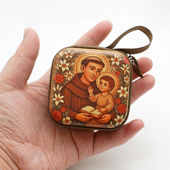 Metal Rosary Case - St. Anthony of Padua - Metal - Zipper -7x7x3.3cm Catholic religious art