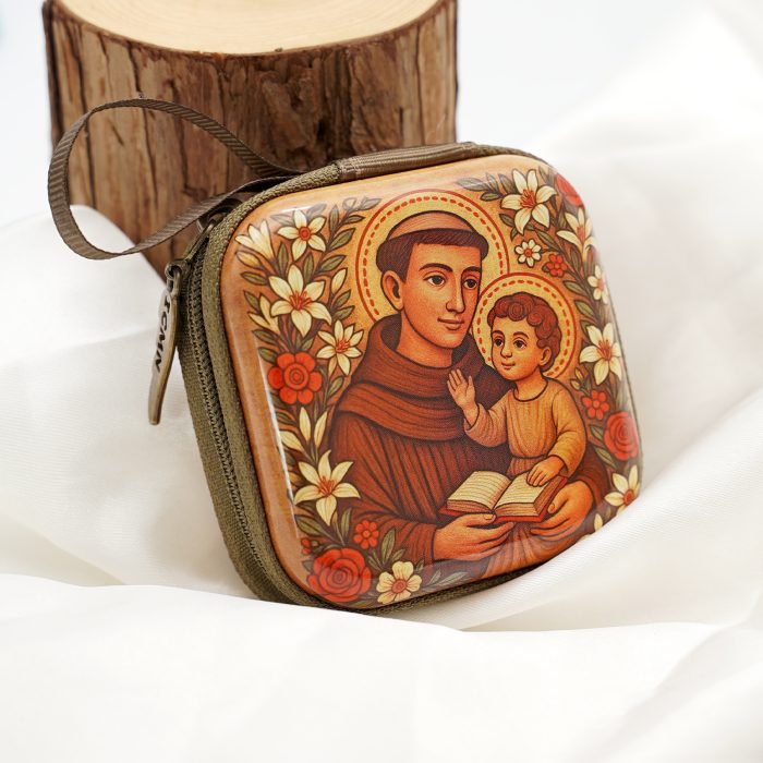 Metal Rosary Case - St. Anthony of Padua - Metal - Zipper -7x7x3.3cm Catholic religious art