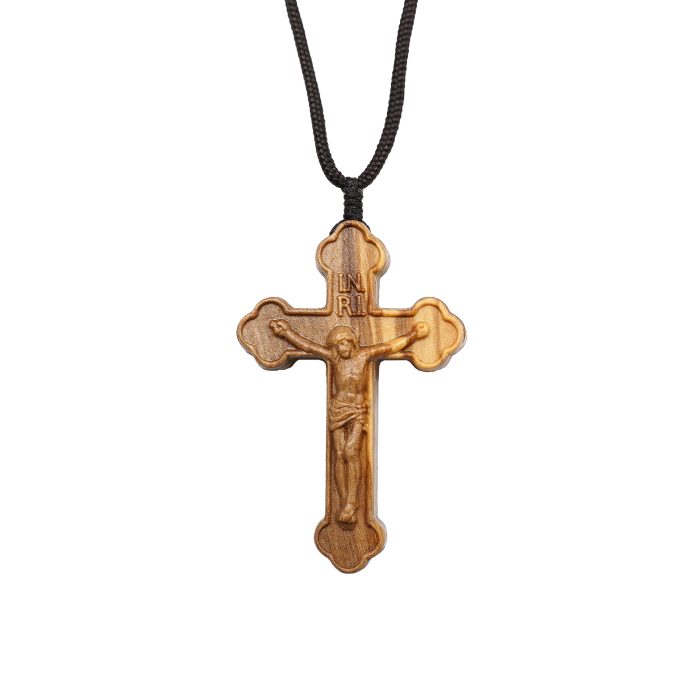 十字架项链-橄榄木-自然巧克力纹-5.5cm-绳长70cm Catholic religious art