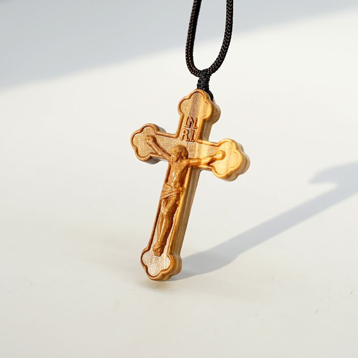 十字架项链-橄榄木-自然巧克力纹-5.5cm-绳长70cm Catholic religious art