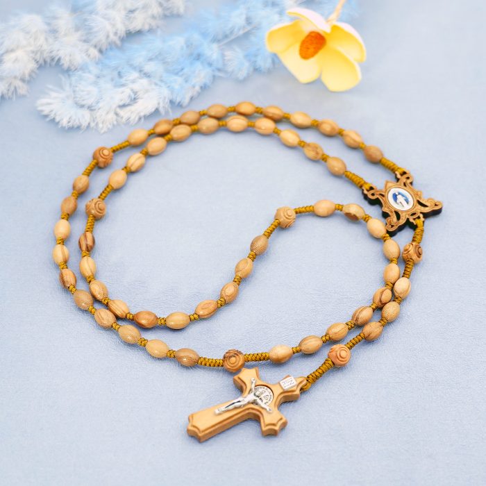 玫瑰念珠-橄榄木椭圆珠-绳编-花纹珠-异形十字-6x9mm Catholic religious art