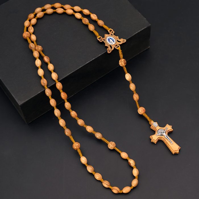 玫瑰念珠-橄榄木椭圆珠-绳编-花纹珠-异形十字-6x9mm Catholic religious art