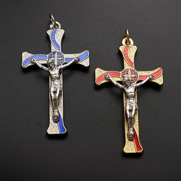 十字架-圣本笃-锌合金-金色-红珐琅-带包装盒-7.3x4.5cm Catholic religious art