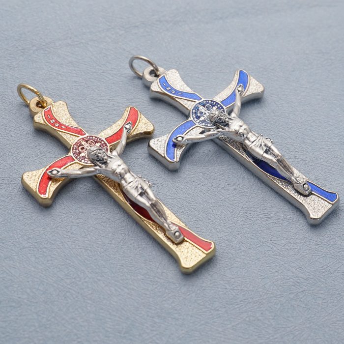 十字架-圣本笃-锌合金-金色-红珐琅-带包装盒-7.3x4.5cm Catholic religious art