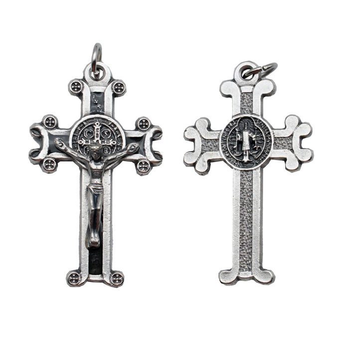 DIY十字架-圣本笃-镀银合金-黑珐琅-4x2.5cm Catholic religious art