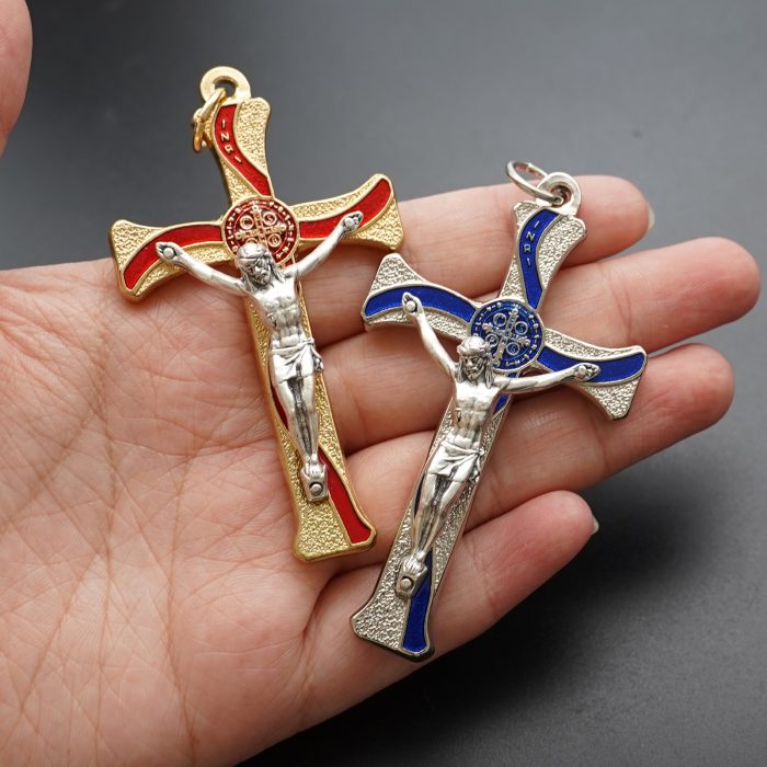 十字架-圣本笃-锌合金-金色-红珐琅-带包装盒-7.3x4.5cm Catholic religious art