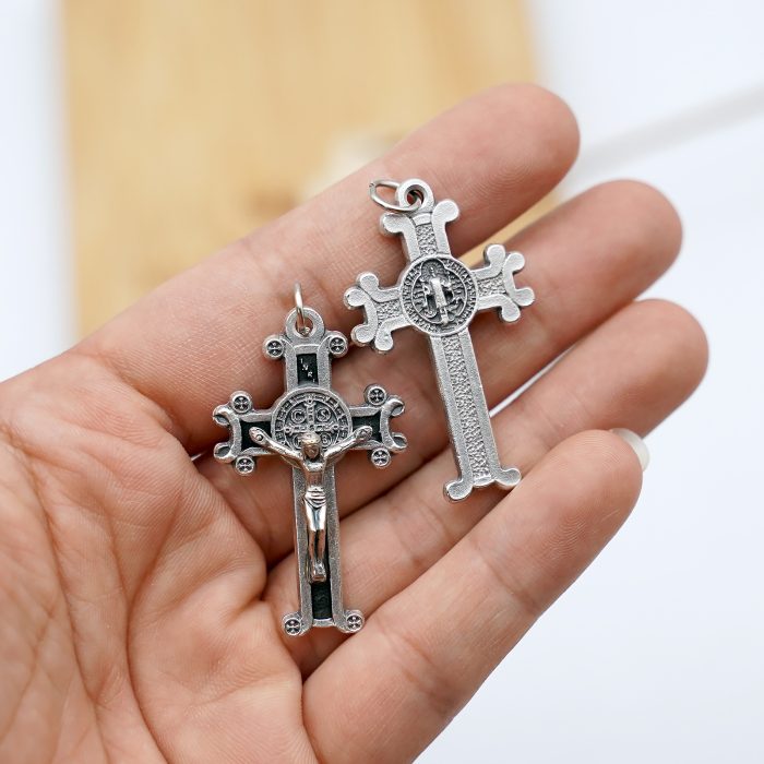 DIY十字架-圣本笃-镀银合金-黑珐琅-4x2.5cm Catholic religious art