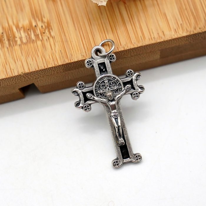 DIY十字架-圣本笃-镀银合金-黑珐琅-4x2.5cm Catholic religious art