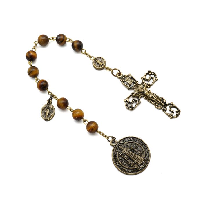 9-Bead Chaplet - St. Benedict Medal - Miraculous Medal Accent - Tiger Eye Beads - 8mm Catholic religious art