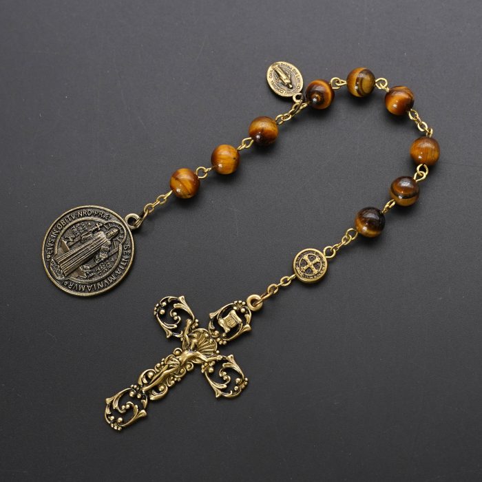 9-Bead Chaplet - St. Benedict Medal - Miraculous Medal Accent - Tiger Eye Beads - 8mm Catholic religious art