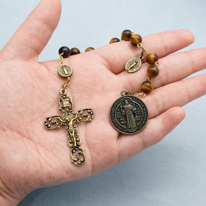 9-Bead Chaplet - St. Benedict Medal - Miraculous Medal Accent - Tiger Eye Beads - 8mm Catholic religious art