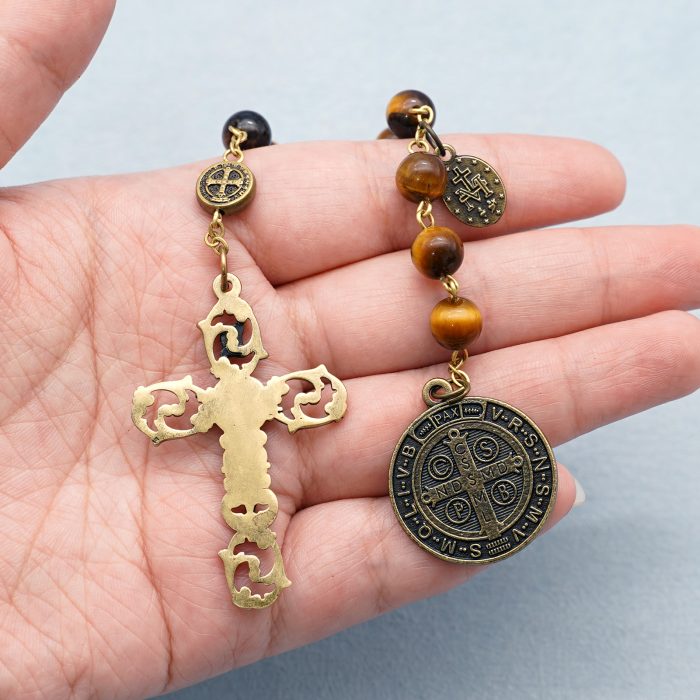9-Bead Chaplet - St. Benedict Medal - Miraculous Medal Accent - Tiger Eye Beads - 8mm Catholic religious art