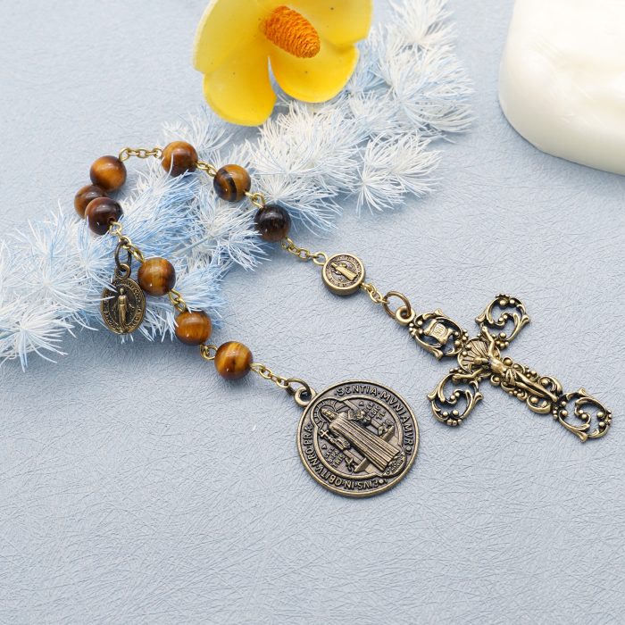 9-Bead Chaplet - St. Benedict Medal - Miraculous Medal Accent - Tiger Eye Beads - 8mm Catholic religious art