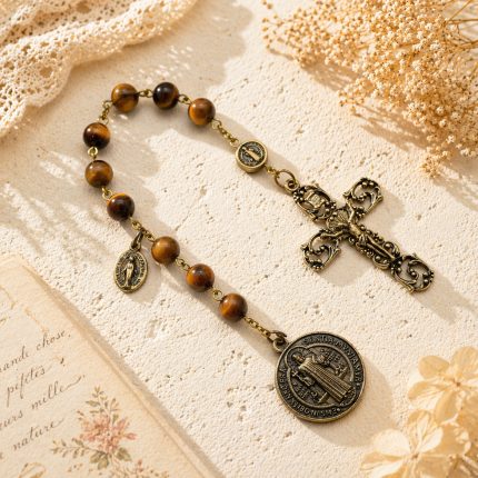 9-Bead Chaplet - St. Benedict Medal - Miraculous Medal Accent - Tiger Eye Beads - 8mm