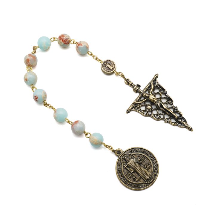 9-Bead Chaplet - St. Benedict - Openwork Vintage Crucifix - Shoushan Stone Beads - 8mm Catholic religious art