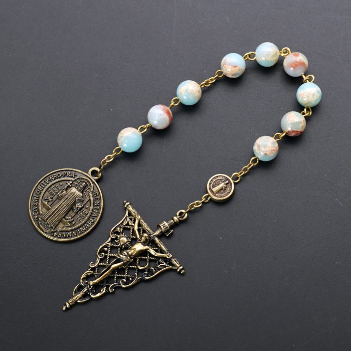9-Bead Chaplet - St. Benedict - Openwork Vintage Crucifix - Shoushan Stone Beads - 8mm Catholic religious art
