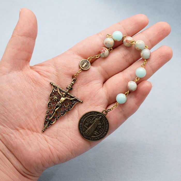9-Bead Chaplet - St. Benedict - Openwork Vintage Crucifix - Shoushan Stone Beads - 8mm Catholic religious art