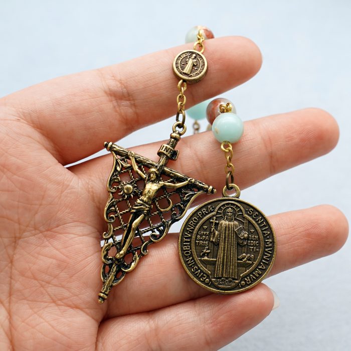 9-Bead Chaplet - St. Benedict - Openwork Vintage Crucifix - Shoushan Stone Beads - 8mm Catholic religious art