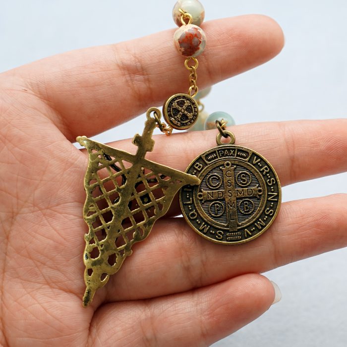 9-Bead Chaplet - St. Benedict - Openwork Vintage Crucifix - Shoushan Stone Beads - 8mm Catholic religious art