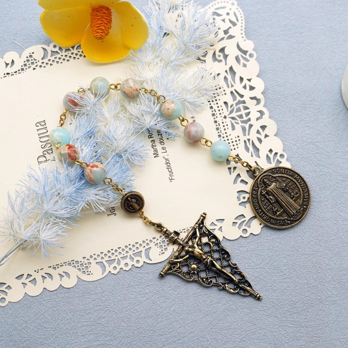 9-Bead Chaplet - St. Benedict - Openwork Vintage Crucifix - Shoushan Stone Beads - 8mm Catholic religious art