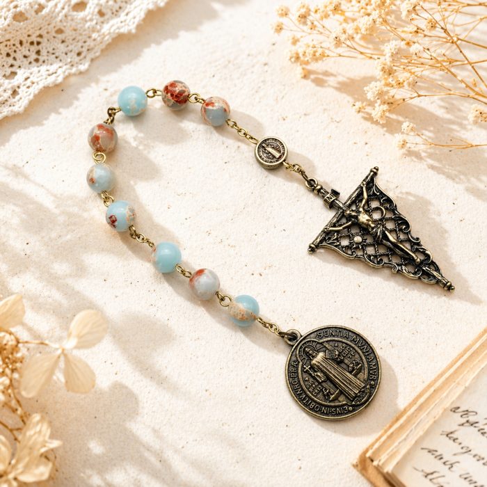 9-Bead Chaplet - St. Benedict - Openwork Vintage Crucifix - Shoushan Stone Beads - 8mm Catholic religious art