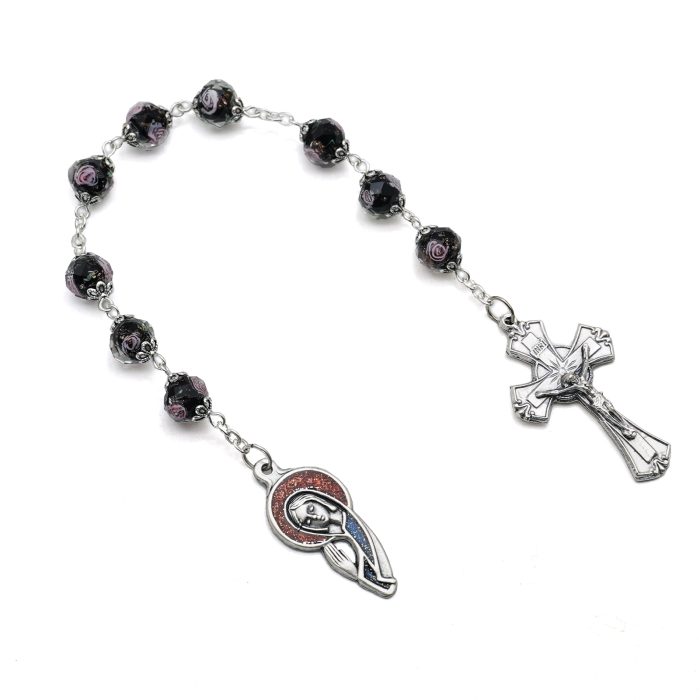 9-Bead Chaplet - Our Lady (Praying Hands) - Enamel Pendant - Black Glass Beads - 10mm Catholic religious art